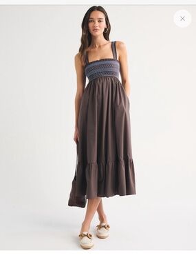 Smocked Bodice Brown Midi Skirt with Tiered Hem